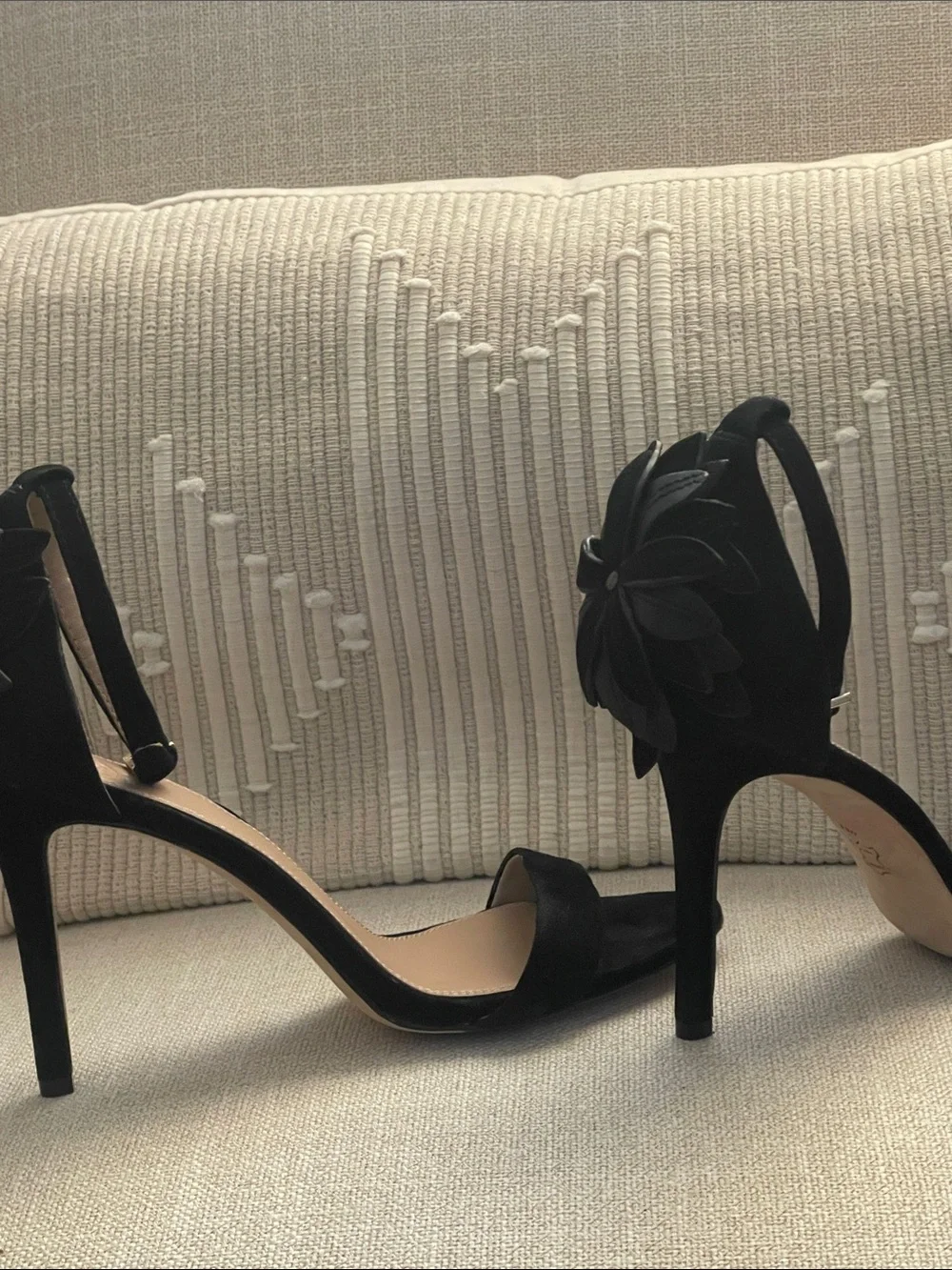 Tory Burch Suede Ankle-Strap Stiletto Heels with Floral Heel Accent